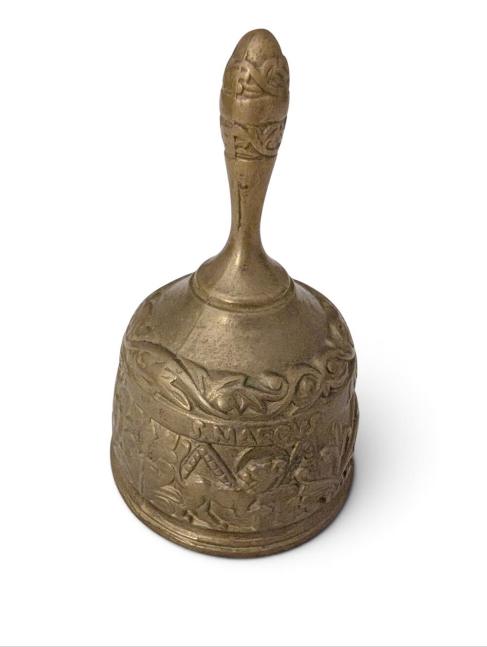 VINTAGE Embossed Brass Hand Bell Sanctuary Relief Four Evangelists Winged Lion